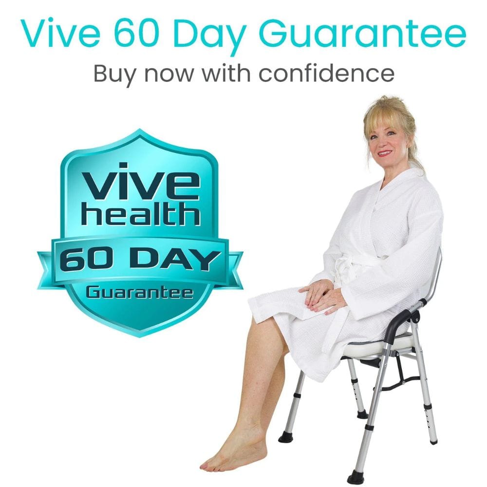 Woman in a white robe sitting on a chair with 'Vive Health' 60-day guarantee badge.