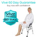 Woman in a white robe sitting on a chair with 'Vive Health' 60-day guarantee badge.