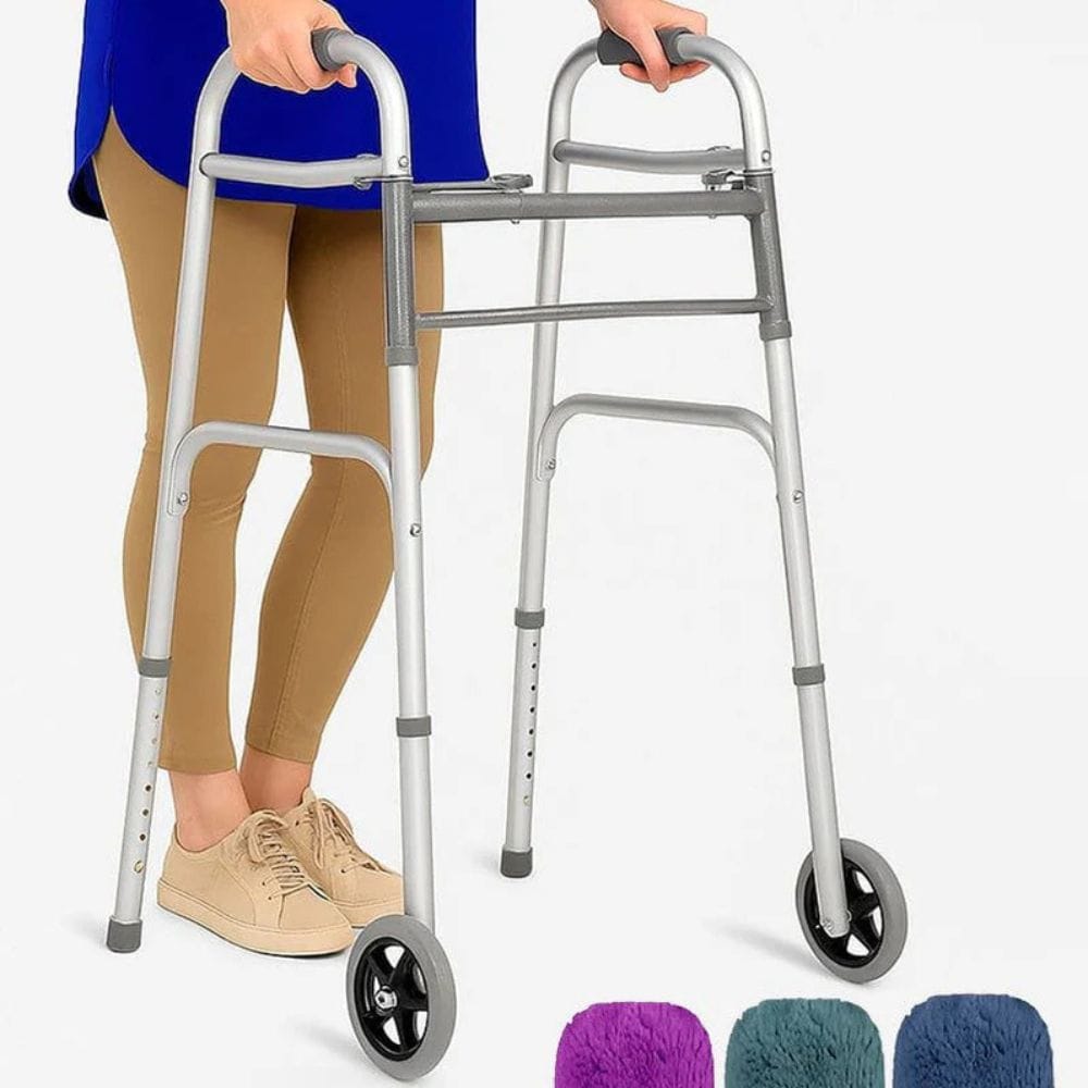 Person using a silver walker with wheels on a white background