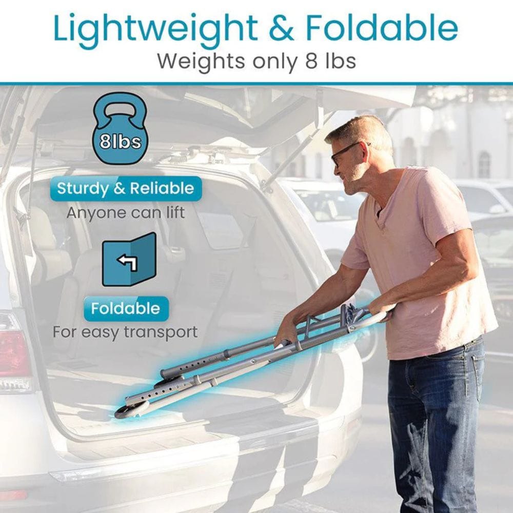 Man lifting a lightweight and foldable product from a car trunk with text highlighting its features.