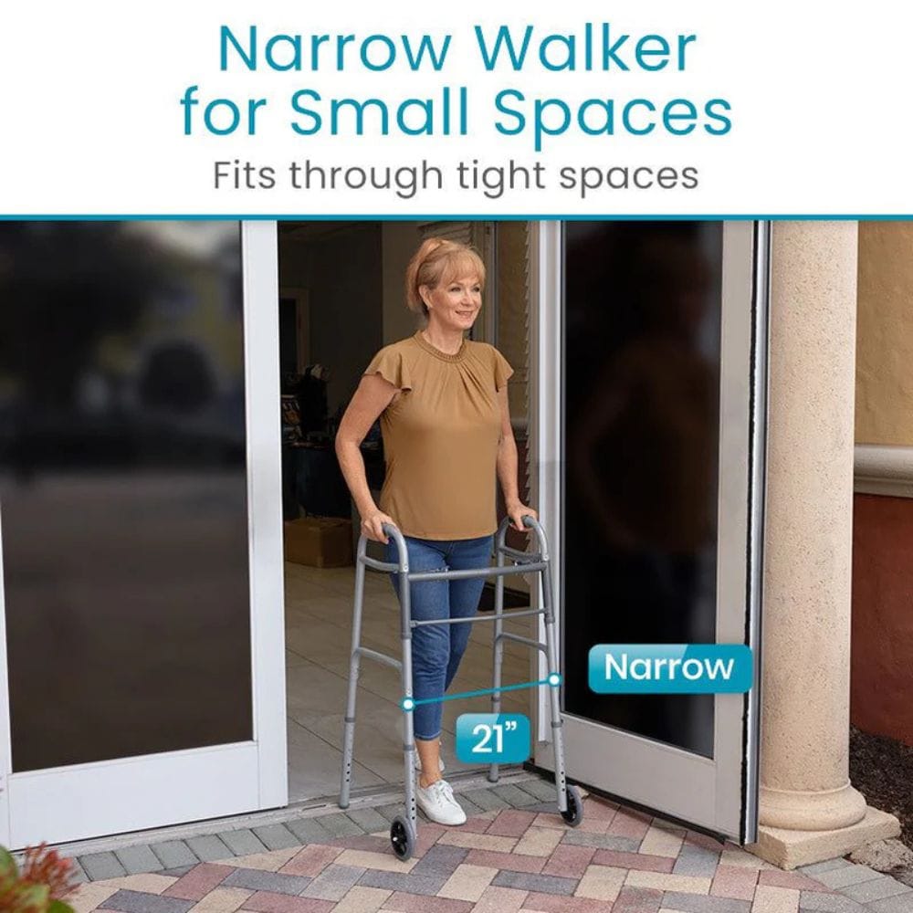Woman using a narrow walker to pass through a door with text indicating it fits small spaces.