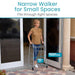 Woman using a narrow walker to pass through a door with text indicating it fits small spaces.