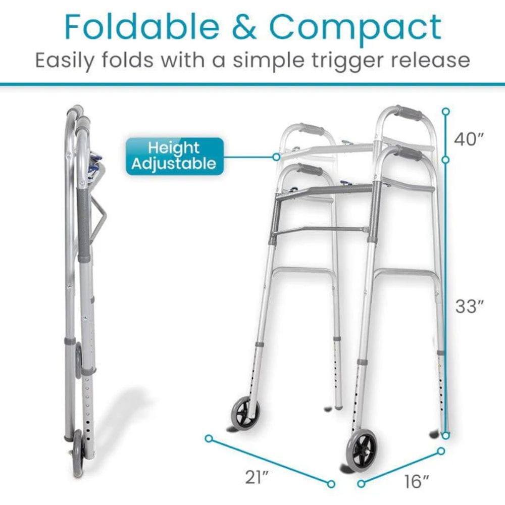Foldable and compact walker with height adjustable feature on a white background