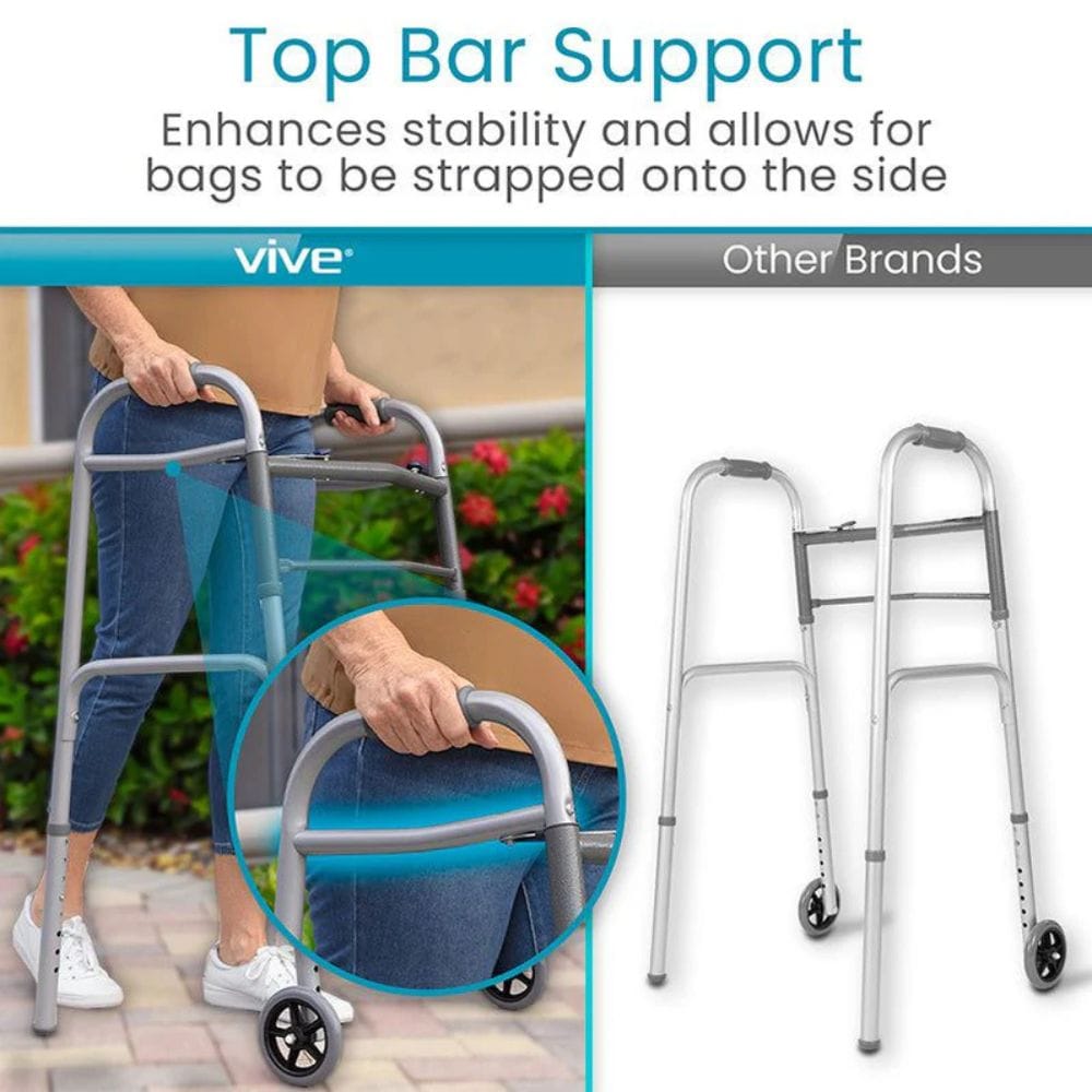 Walker with top bar support feature, highlighting stability and bag strap functionality.