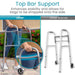 Walker with top bar support feature, highlighting stability and bag strap functionality.