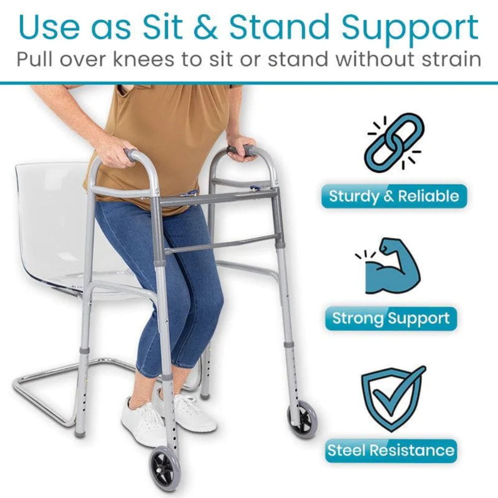 Person using a walker with text highlighting features like 'Sturdy & Reliable', 'Strong Support', and 'Steel Resistance'.