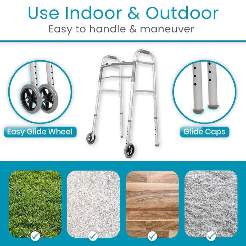 Walker with wheels and glide caps on a blue background, showing its versatility for indoor and outdoor use.