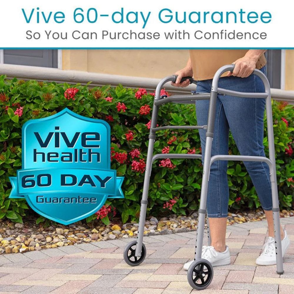 Person using a walker with 'Vive Health' 60-day guarantee badge in the background.