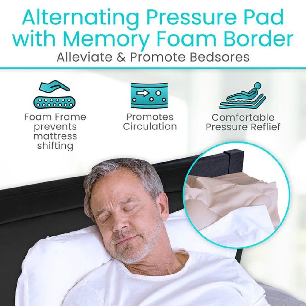 Man sleeping with alternating pressure pad and memory foam border features highlighted
