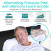 Man sleeping with alternating pressure pad and memory foam border features highlighted