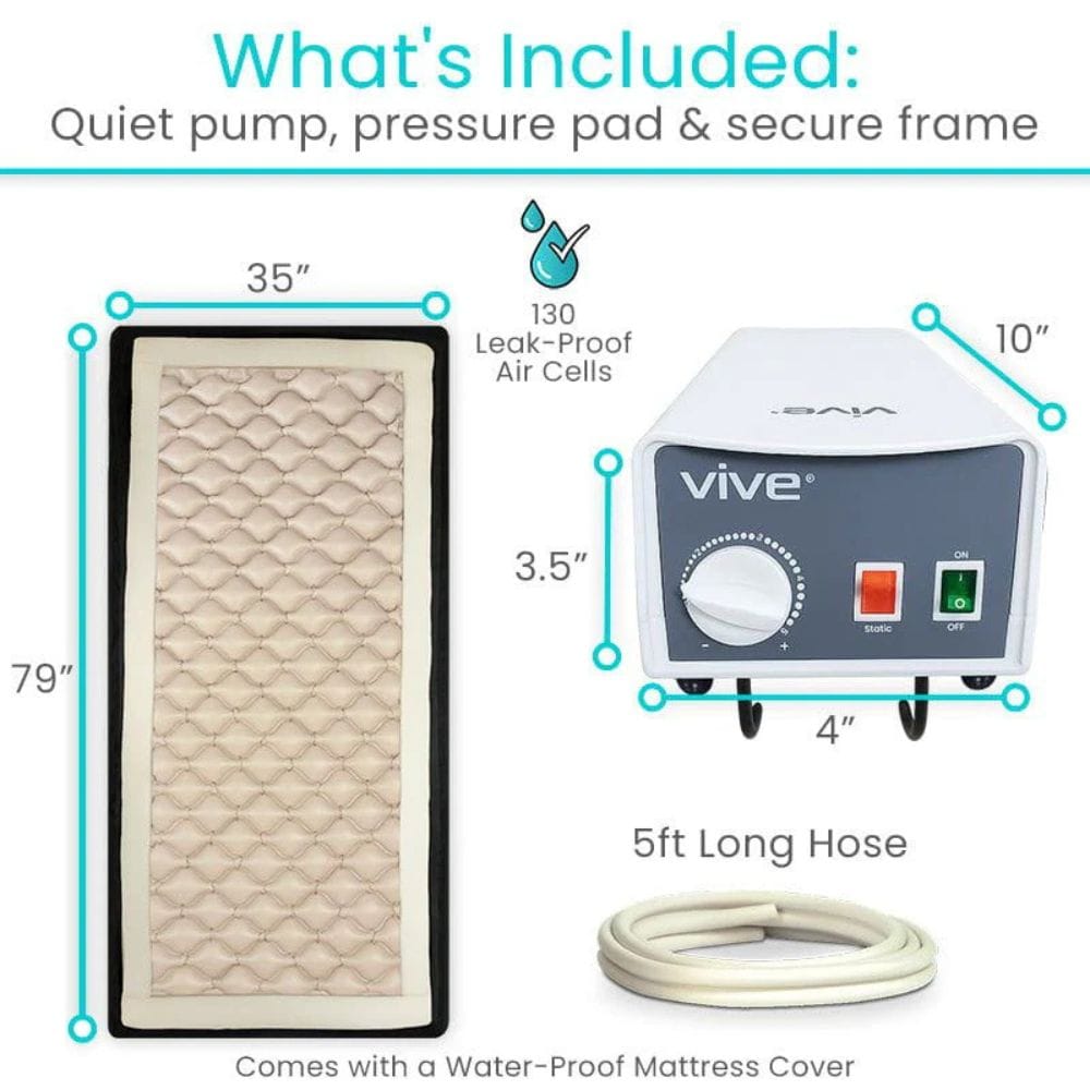 Product features including a mattress, pump, pressure pad, and hose with dimensions and specifications.
