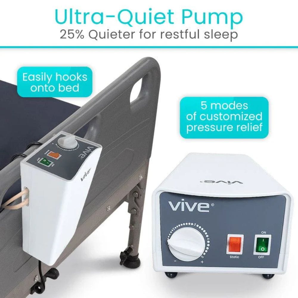 Vive ultra-quiet pump for medical equipment with text on features.