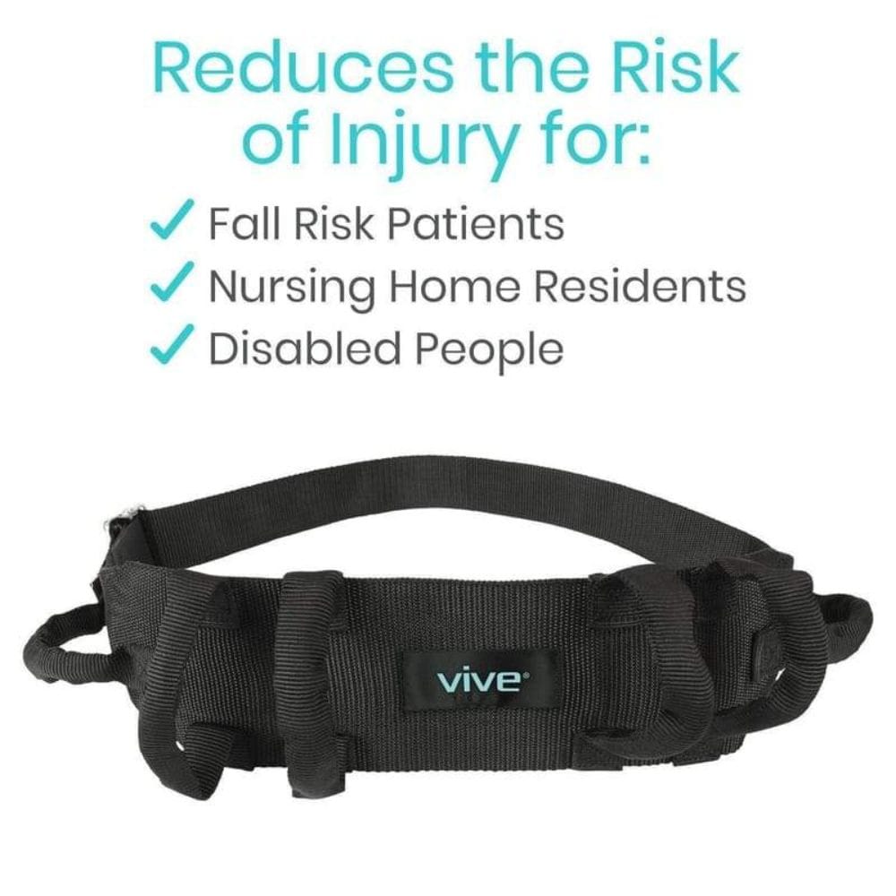 Black waist belt with 'vive' branding on a white background, highlighting its benefits for fall risk patients, nursing home residents, and disabled people.