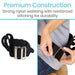 Black belt with metal buckle being used, labeled 'Premium Construction' with text about strong nylon webbing and reinforced stitching.