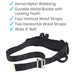 Black belt with metal buckle and waist straps on a white background, featuring text about belt features.