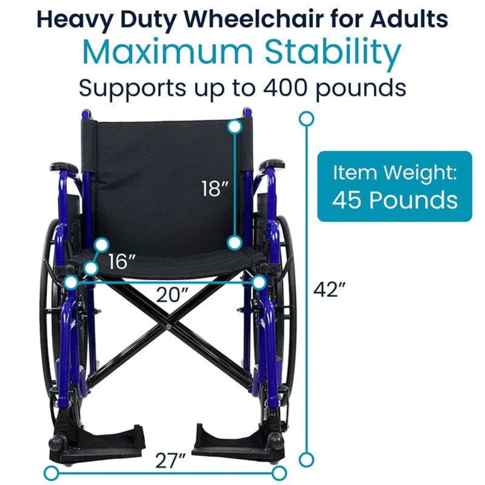 Heavy-duty wheelchair for adults with dimensions and weight capacity information on a white background