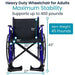 Heavy-duty wheelchair for adults with dimensions and weight capacity information on a white background