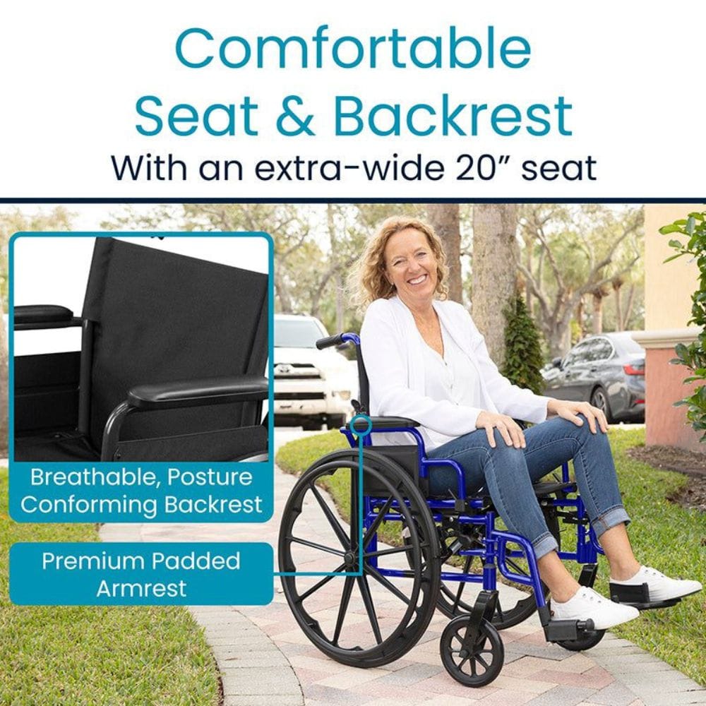Woman in a wheelchair with text highlighting comfortable seat and backrest features.