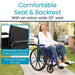 Woman in a wheelchair with text highlighting comfortable seat and backrest features.