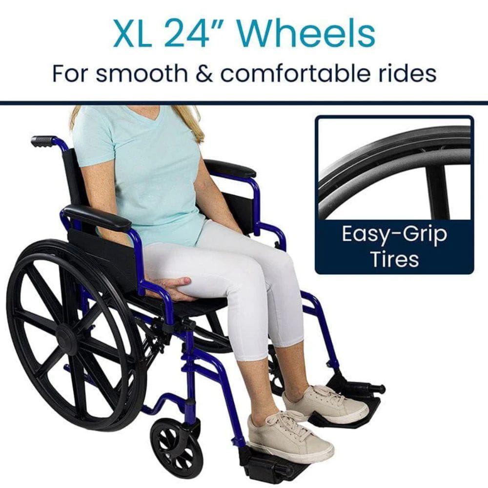 Person using a wheelchair with XL 24-inch wheels and easy-grip tires highlighted.