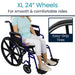 Person using a wheelchair with XL 24-inch wheels and easy-grip tires highlighted.
