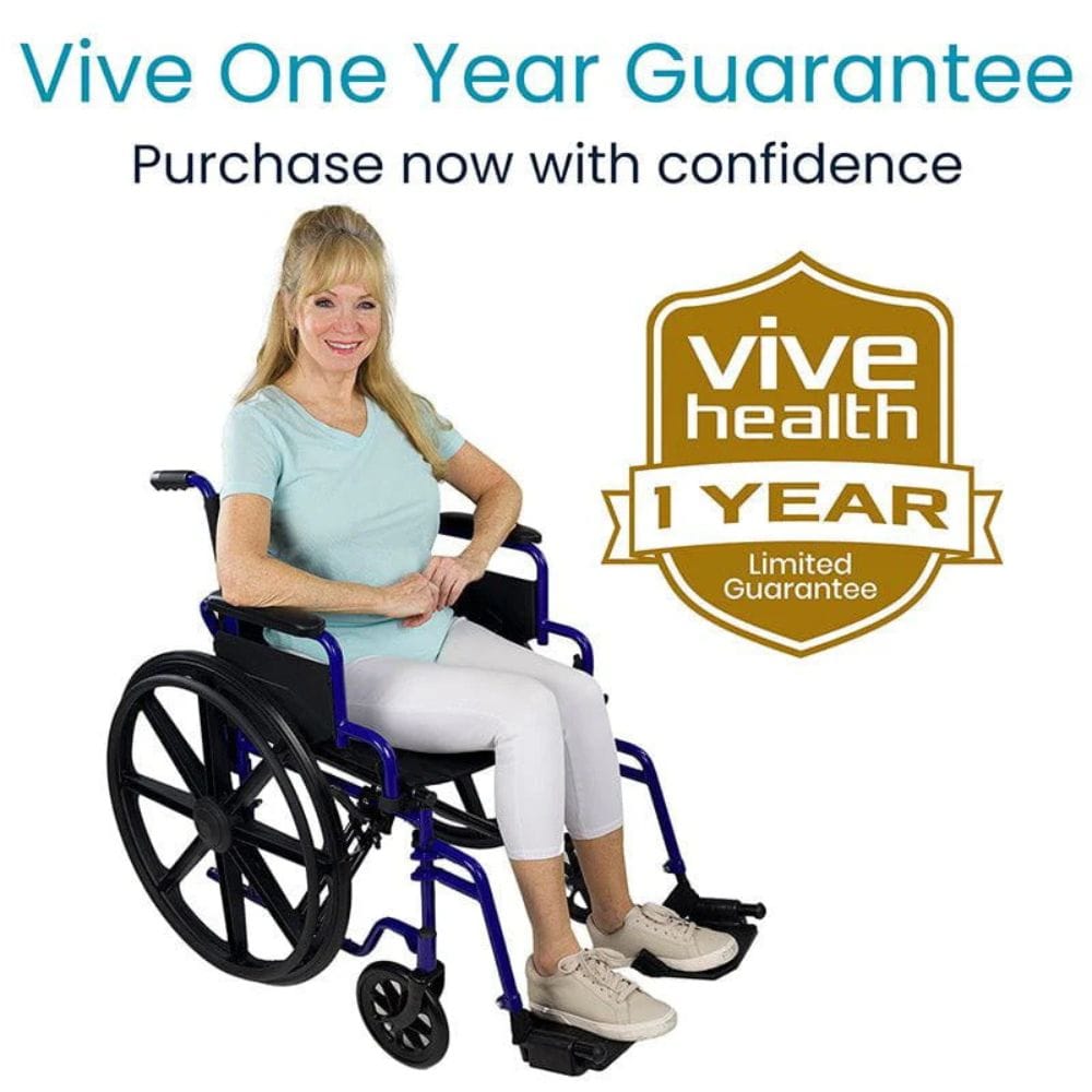 Woman in a wheelchair with 'Vive Health' one-year guarantee badge on a white background