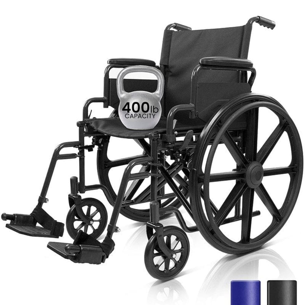 Black wheelchair with a 400 lb capacity sign on a white background