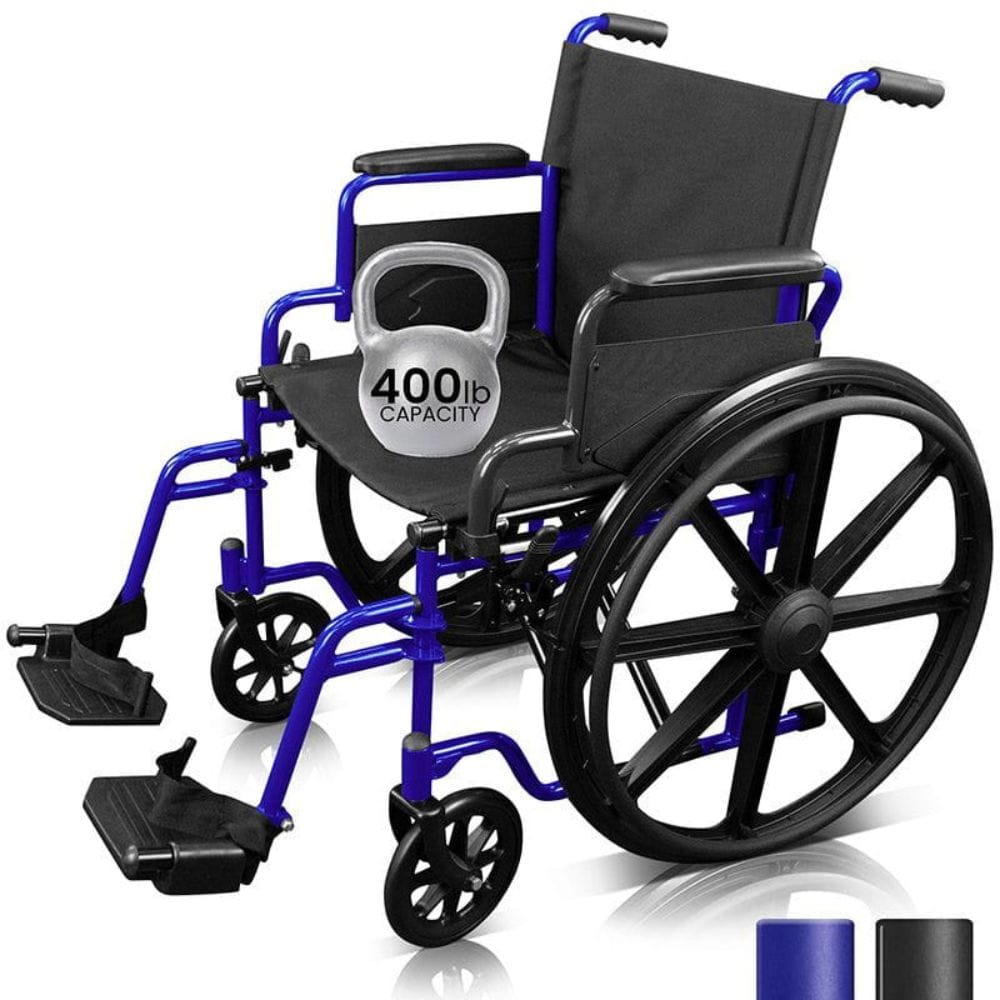 Wheelchair with blue frame and black seat, accompanied by a 400-pound capacity sign.