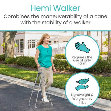 Woman using a Hemi Walker with text highlighting its features.