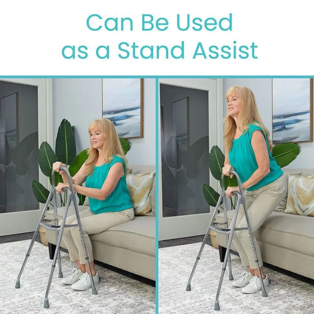 Woman using a walker in a living room setting with text 'Can Be Used as a Stand Assist'.