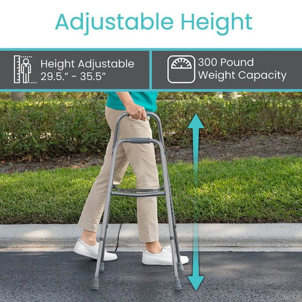Person using a height-adjustable walker with specifications displayed.