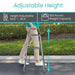 Person using a height-adjustable walker with specifications displayed.