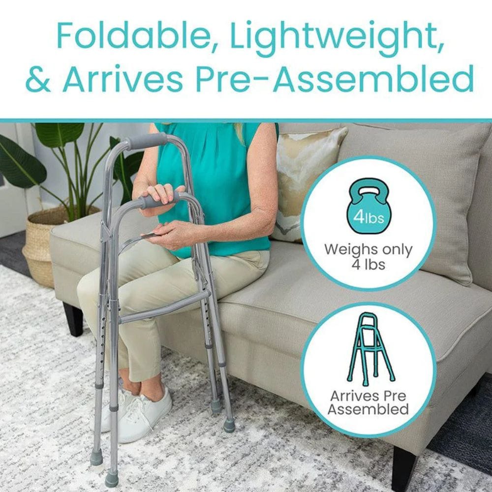 Woman using a foldable walker with text highlighting features like weight, assembly, and ease of use.