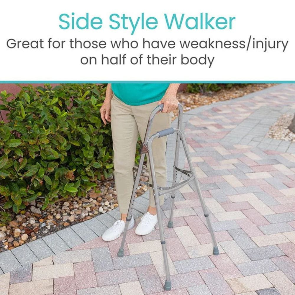 Person using a side style walker on a paved path with text about its use.