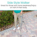 Person using a side style walker on a paved path with text about its use.