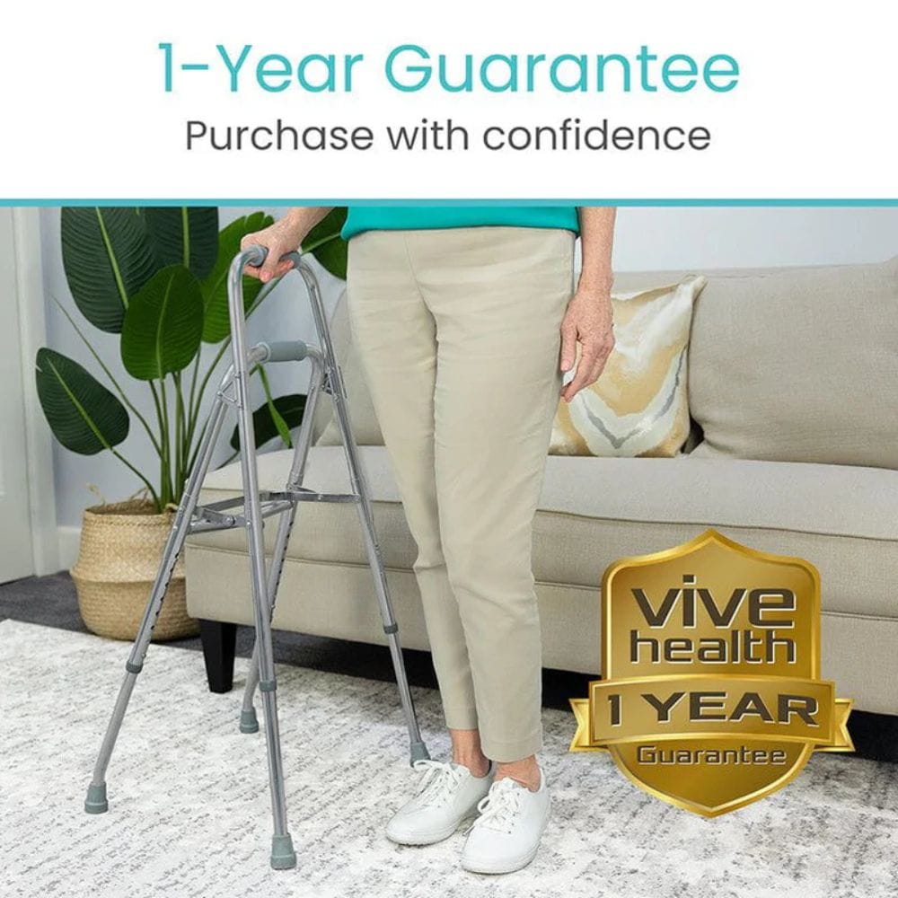 Person using a walking frame with a 'Vive Health' 1-year guarantee badge in the foreground.