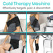 Cold therapy machine being used on different parts of the body including shoulder, elbow, hip, and knee.