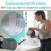 Woman pouring water from a container into a glass with text about convenient fill lines and low ice alert.