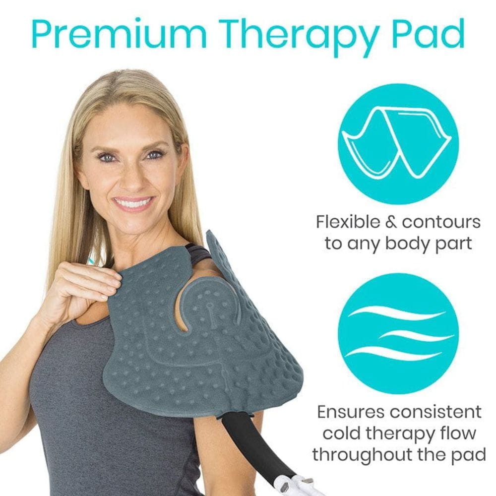 Woman wearing a gray therapy pad on her shoulder with text highlighting features.