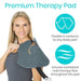 Woman wearing a gray therapy pad on her shoulder with text highlighting features.