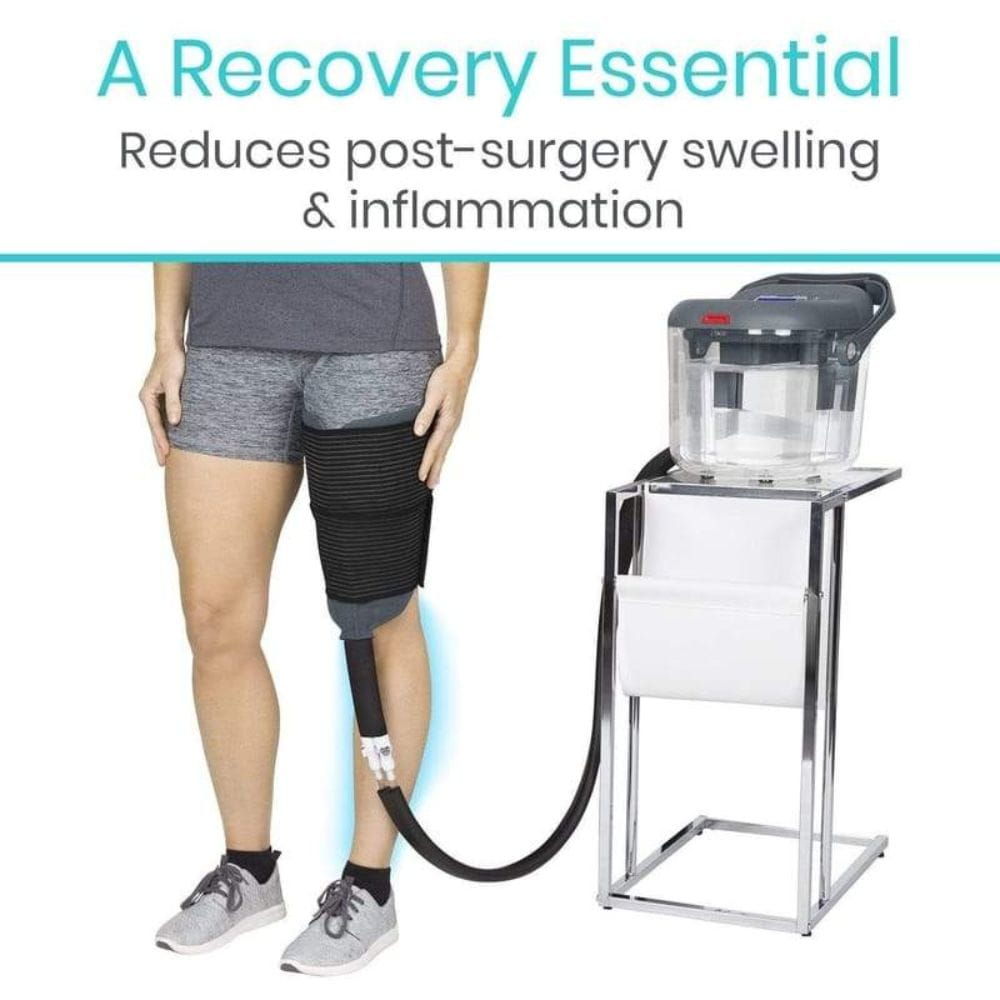 Person using a compression device on their leg with text about post-surgery swelling reduction.
