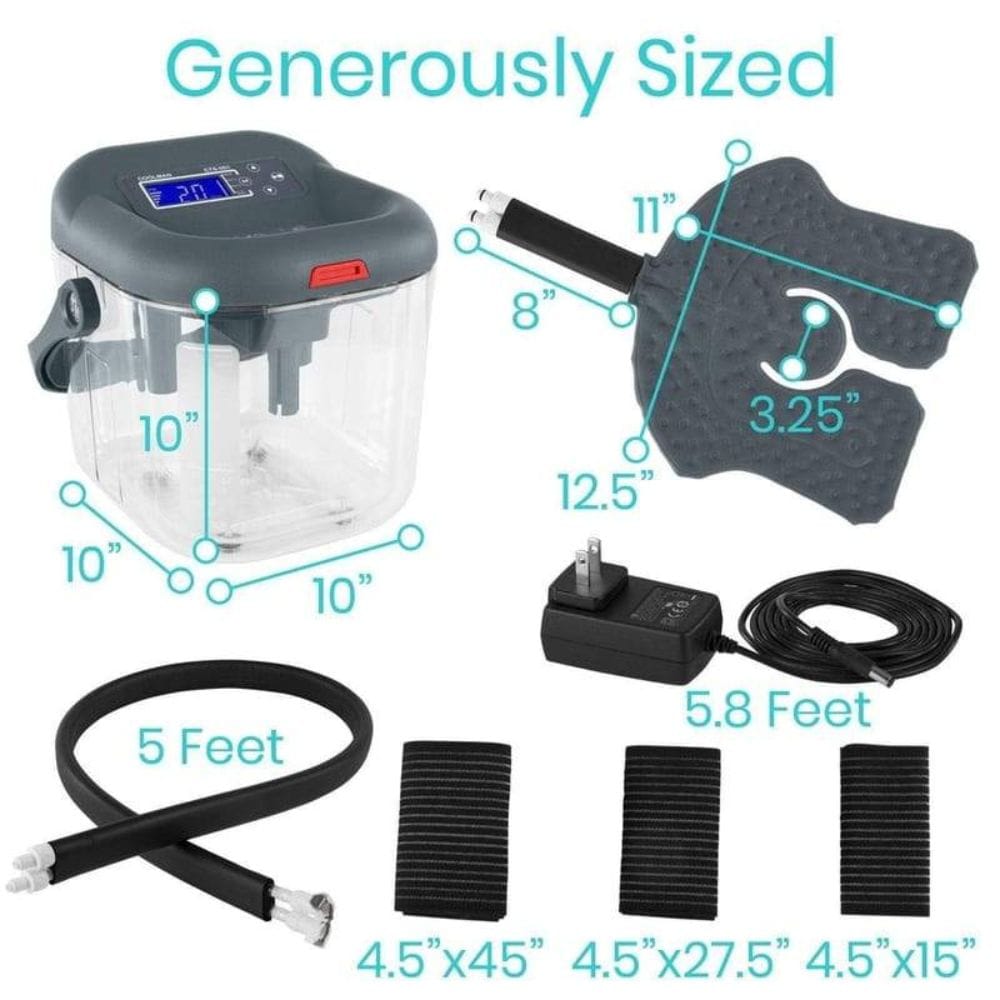 Fishing air pump with components and measurements on a white background