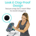 Woman using a kitchen appliance with text about leak and clog-proof design.