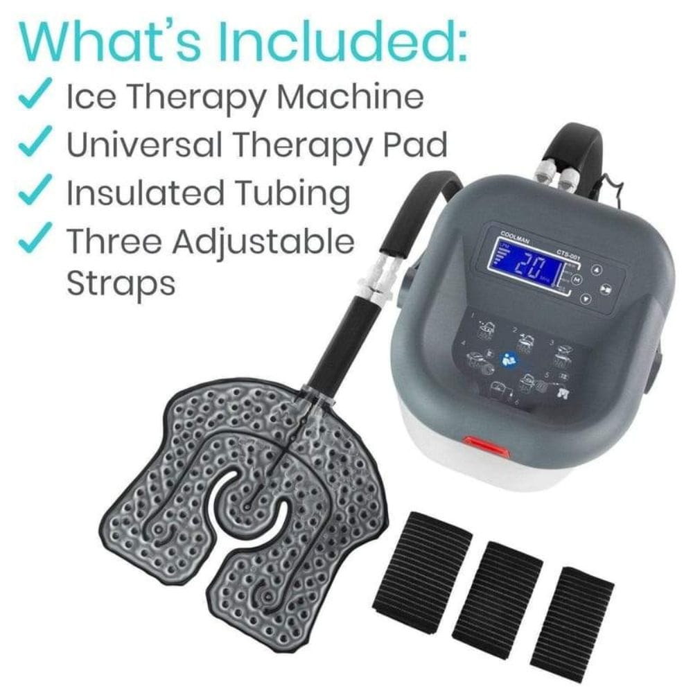 Ice therapy machine with accessories on a white background