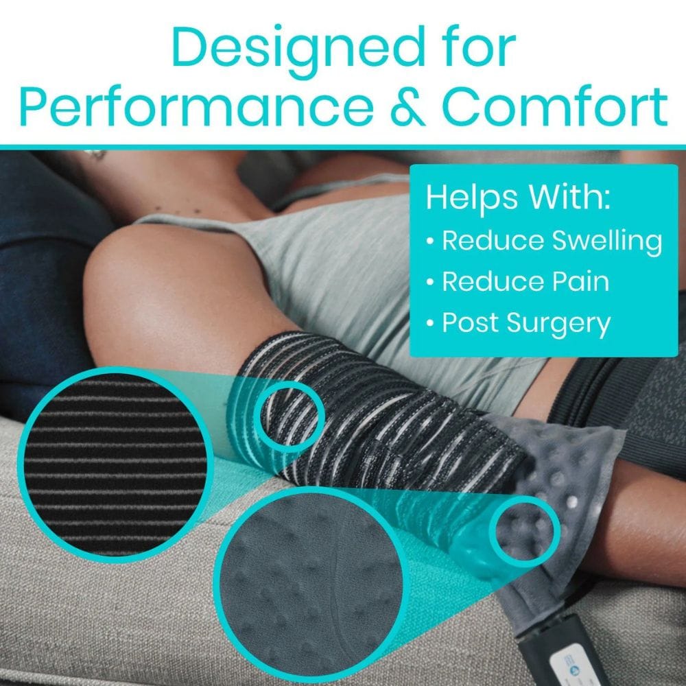 Compression therapy stocking with text highlighting performance and comfort benefits.
