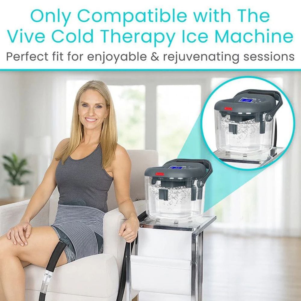 Woman sitting on a couch with a cold therapy ice machine, text indicating compatibility with Vive brand.