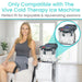 Woman sitting on a couch with a cold therapy ice machine, text indicating compatibility with Vive brand.