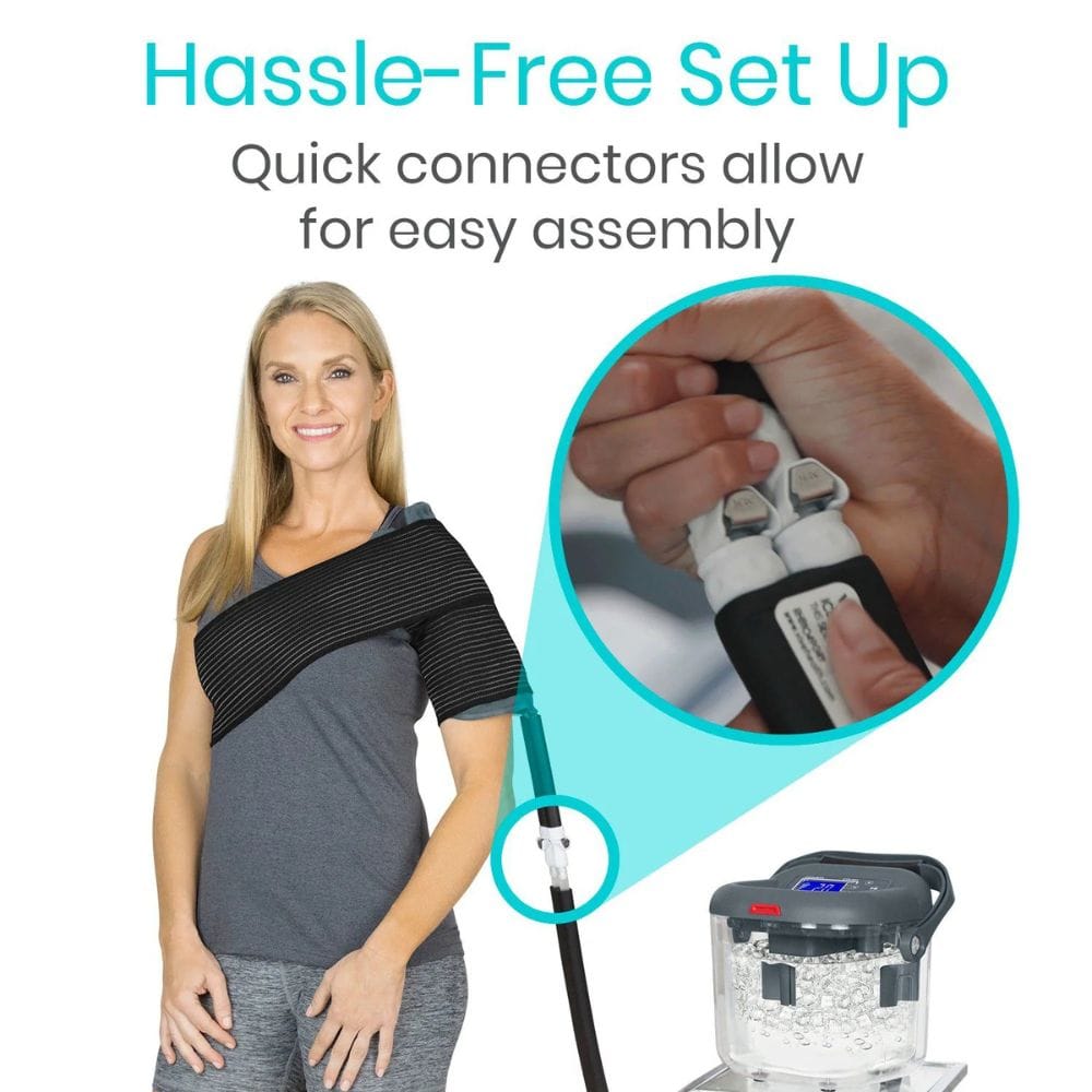Woman wearing a shoulder brace with text about quick connectors for easy assembly on a white background.