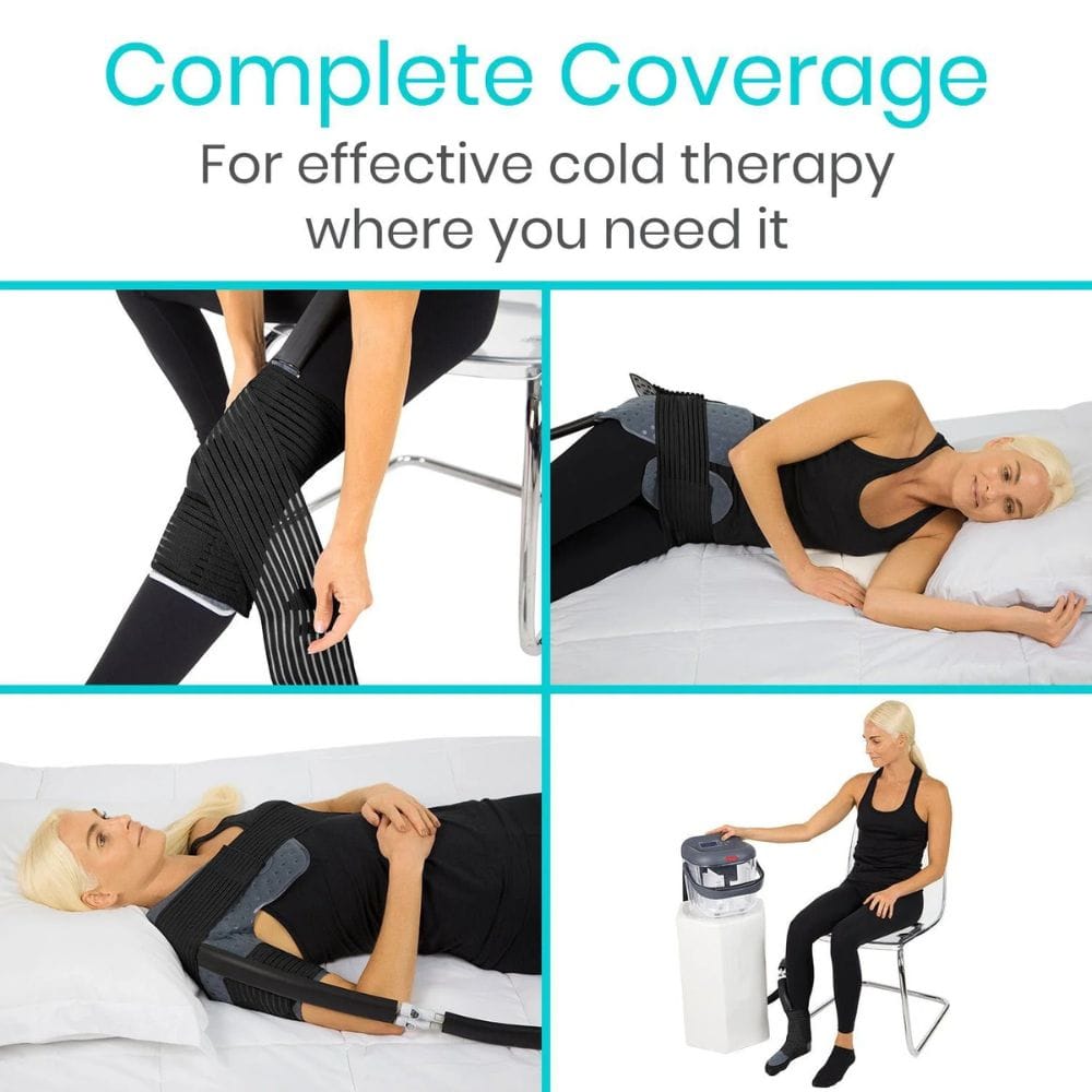 Product advertisement for cold therapy wrap with images of people using it.