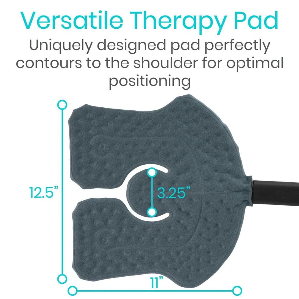 Versatile therapy pad with dimensions and text on a white background